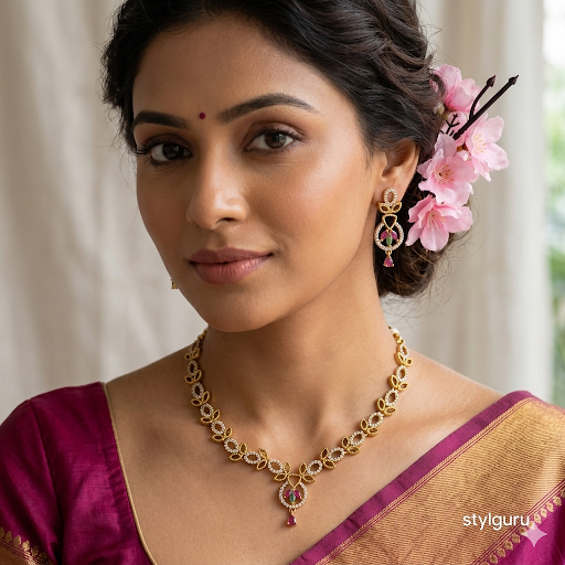 One Gram Gold Plated Floral CZ Necklace Set with Pink Stone Drops & Matching Earrings