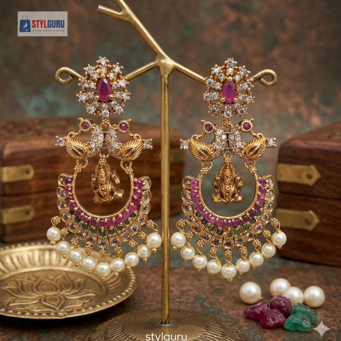 One Gram Gold Plated Lakshmi Peacock Chandbali Earrings with Pearls, Ruby & Green Stones