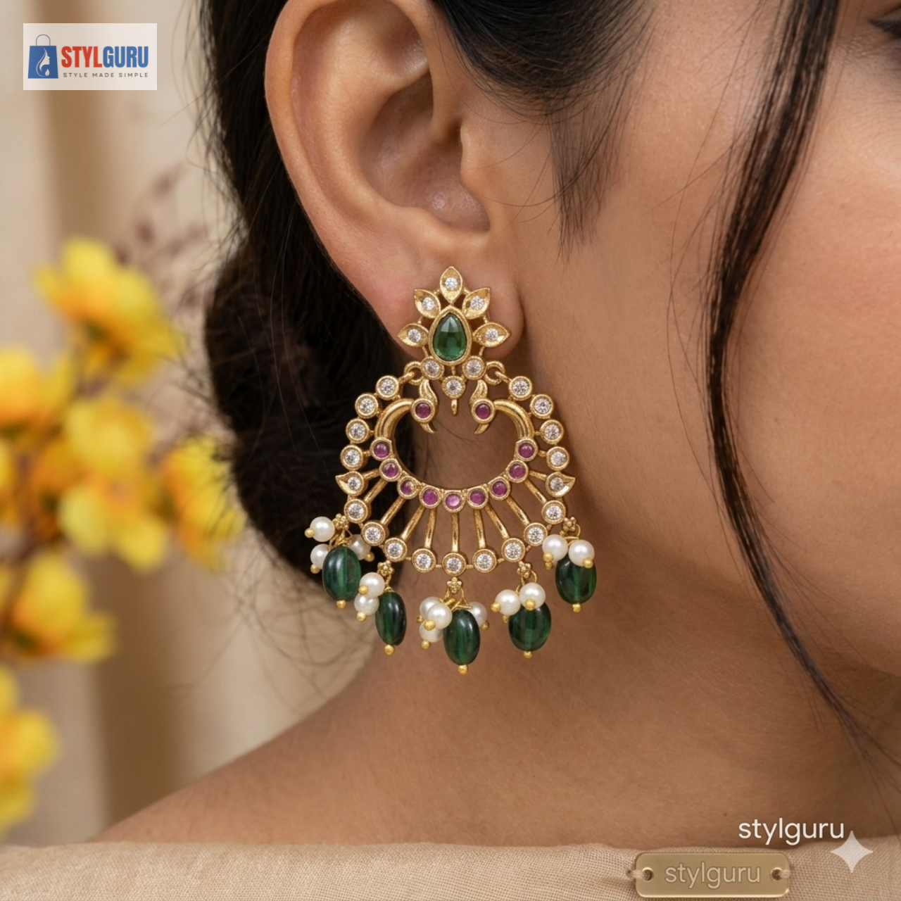 Premium Micro Gold Plated Green & Red Stone Chandbali Earrings with Pearls, Ruby & CZ Stones