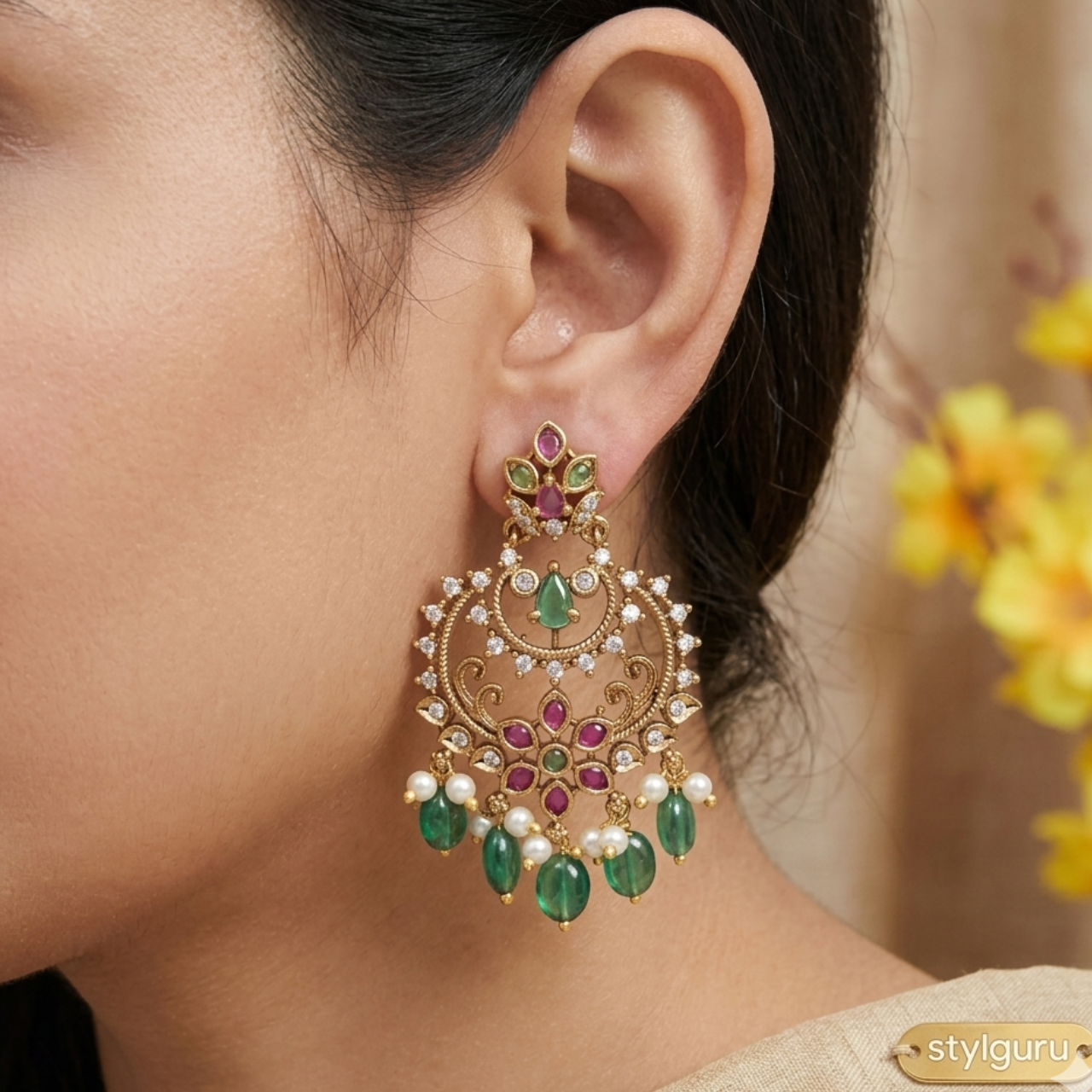 One Gram Gold Plated Green & Pink Stone Chandbali Earrings with Pearls | Traditional Party Wear Jewelry