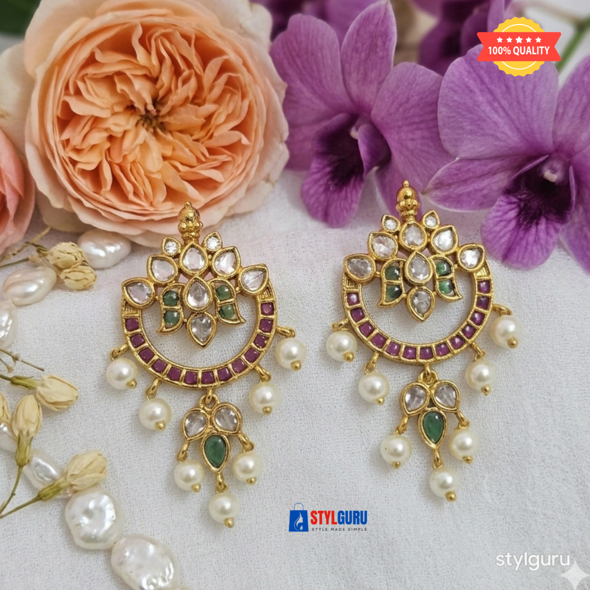 One Gram Gold Plated Kundan Chandbali Earrings with Pearls, Green & Ruby Stones | Traditional Festive Jewelry