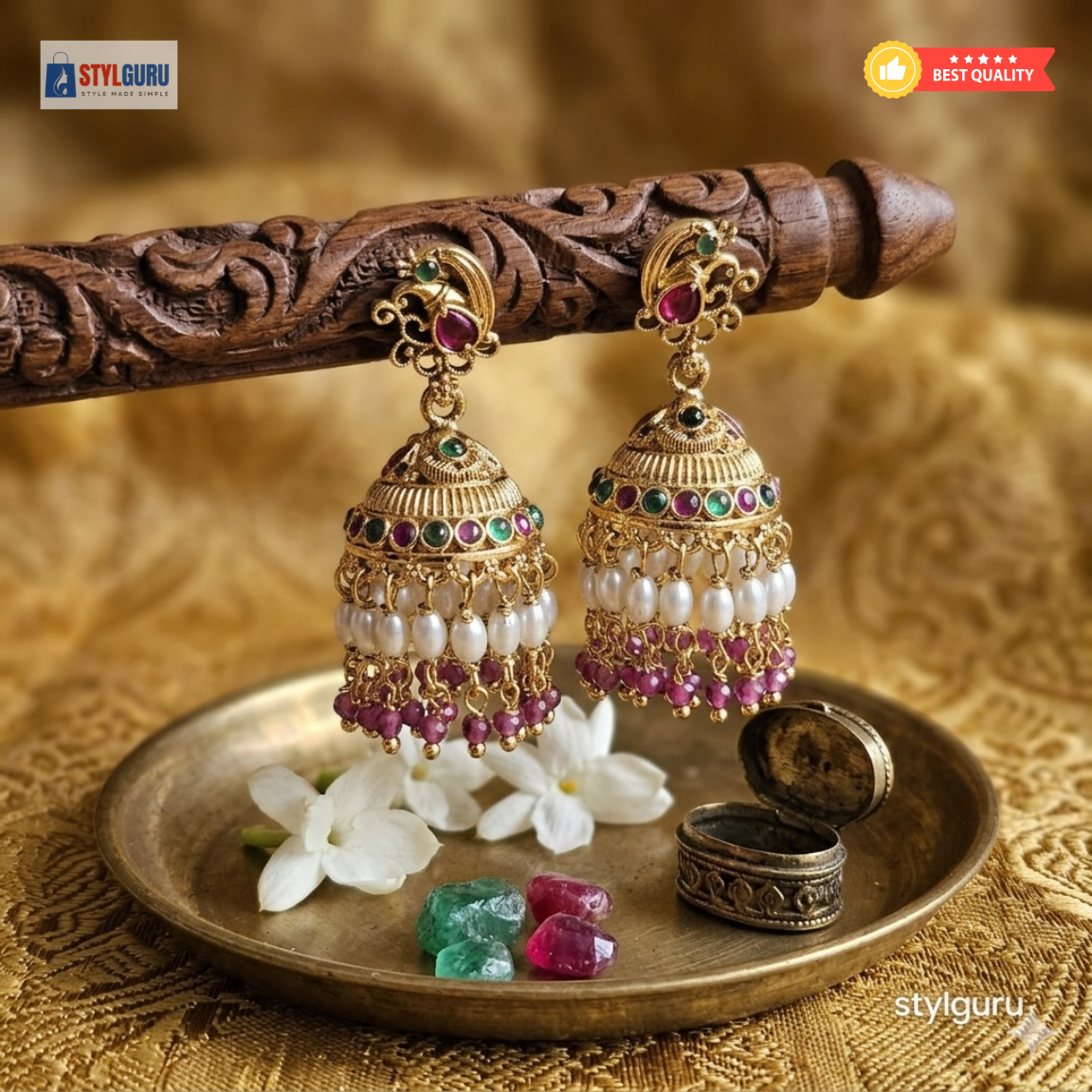 Antique Gold Plated Temple Jhumka Earrings with Pearl & Ruby Drops