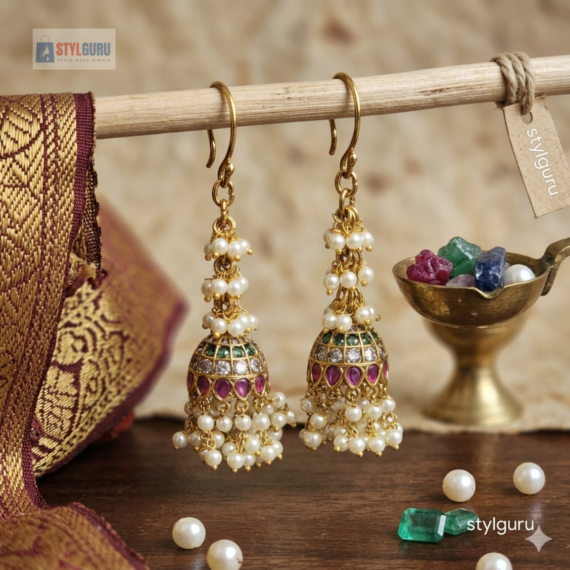 Premium Traditional Gold Plated Pearl Jhumka Earrings with Ruby & Green Stone