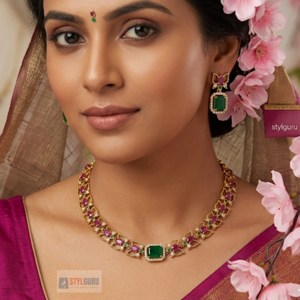 Elegant Gold Plated Ruby & Emerald Stone Necklace Set with Matching Earrings