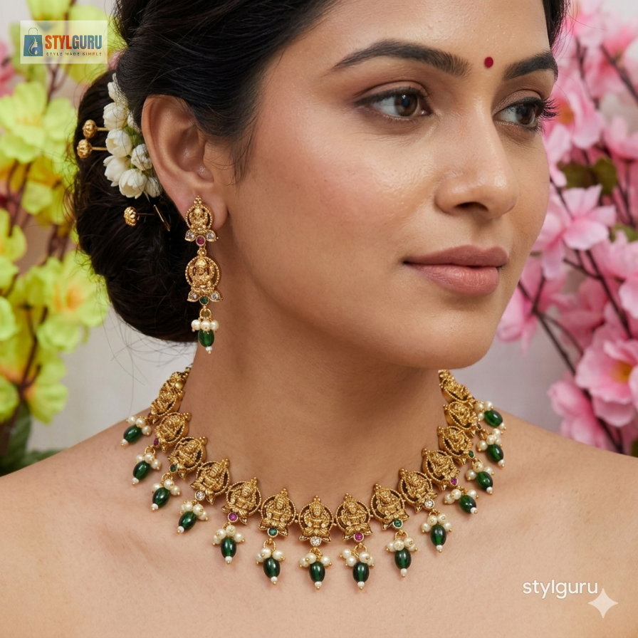Antique Lakshmi Temple Necklace Set with Green Beads & Pearl Drops