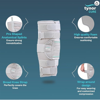 TYNOR | Knee Immobilizer | Support & Protection | Provides Support for Knee Injury | Pain Relief | Breathable | Comfortable | Unisex | Pack of 1 (Grey, Large)