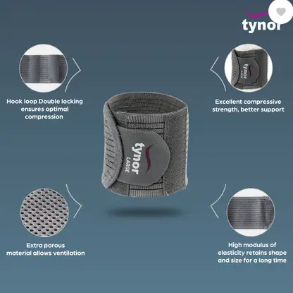 TYNOR | Wrist Brace | Double Lock | Grip | Support | Pain Relief | Breathable | Wrist Support  | Grey | Unisex | 1 Piece (Grey)
