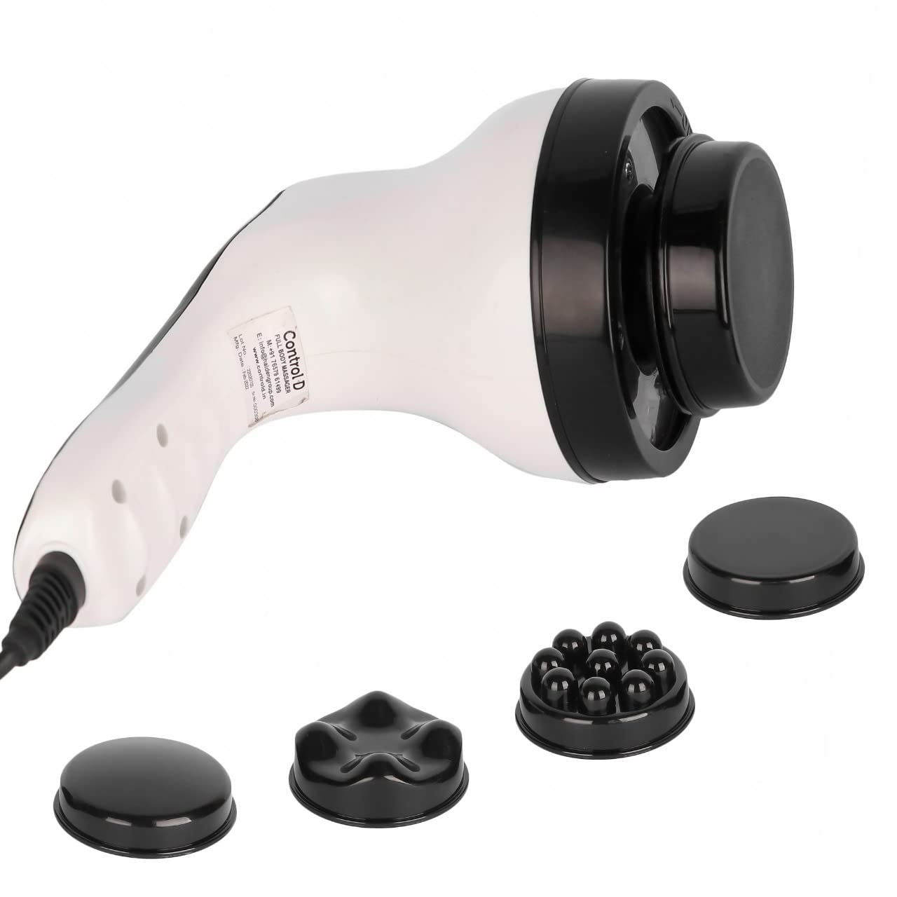CONTROL D- Electric Handheld Full Body Massager – 4 Massage Heads & Variable Speed (Black & White)