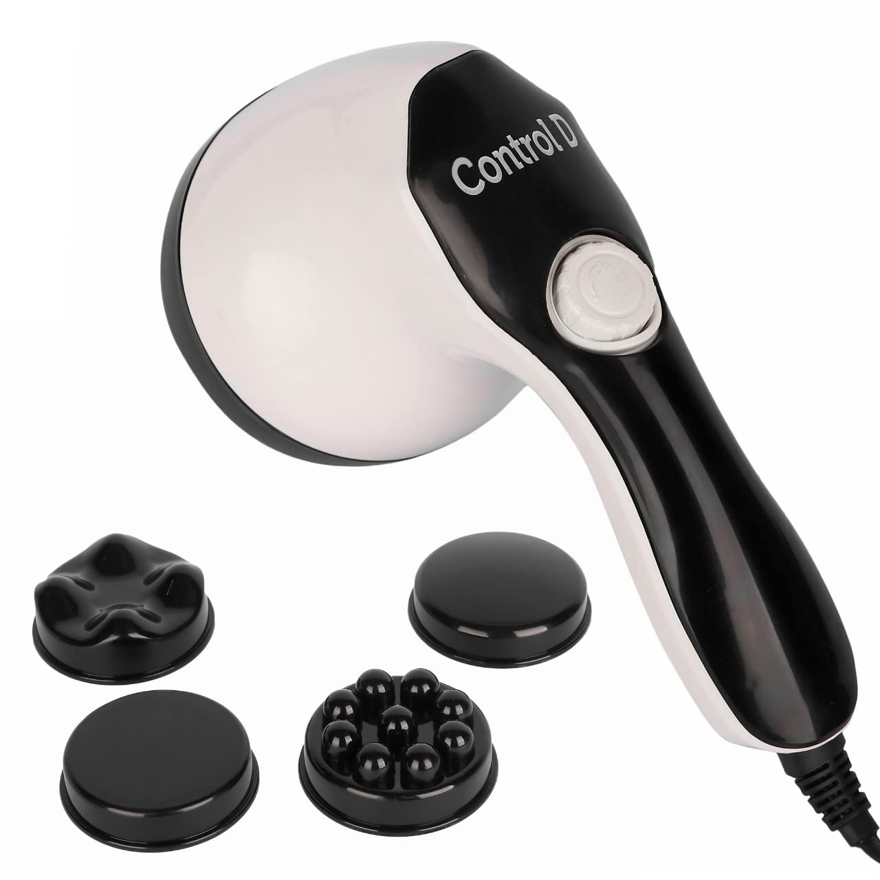 CONTROL D- Electric Handheld Full Body Massager – 4 Massage Heads & Variable Speed (Black & White)