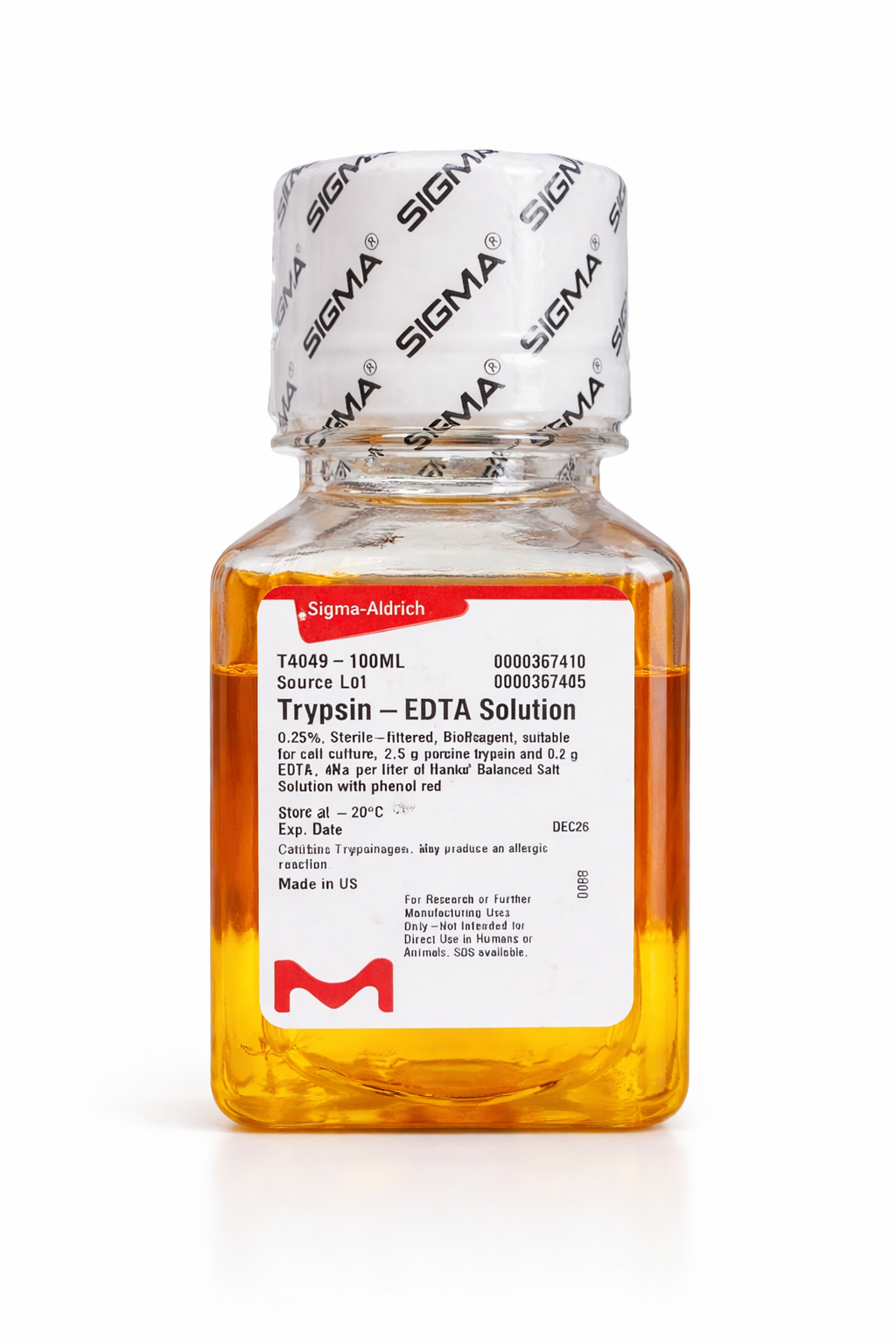 SIGMA ALDRICH-Trypsin–EDTA Solution (0.25%), 100 mL