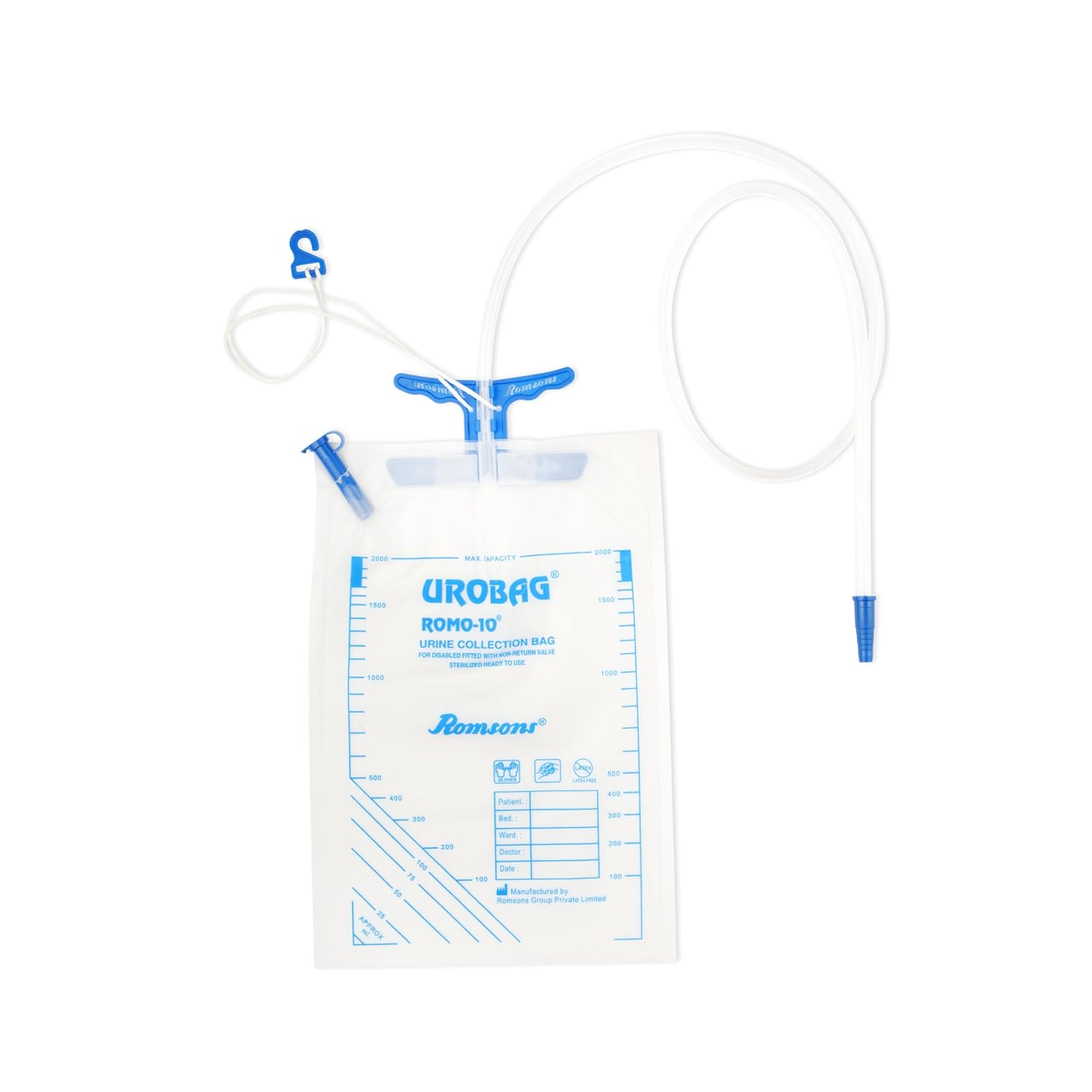 Romsons | ROMO-10 Sterile Urine Collection Bag | 2L Capacity | Leak-Proof  | Easy Drainage System | Pack of 1