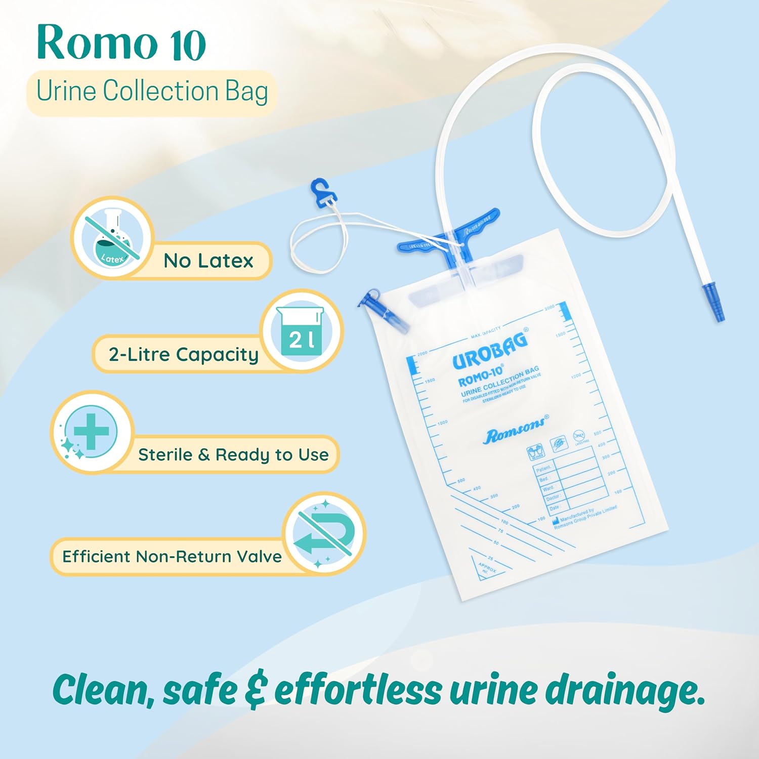 Romsons | ROMO-10 Sterile Urine Collection Bag | 2L Capacity | Leak-Proof  | Easy Drainage System | Pack of 1