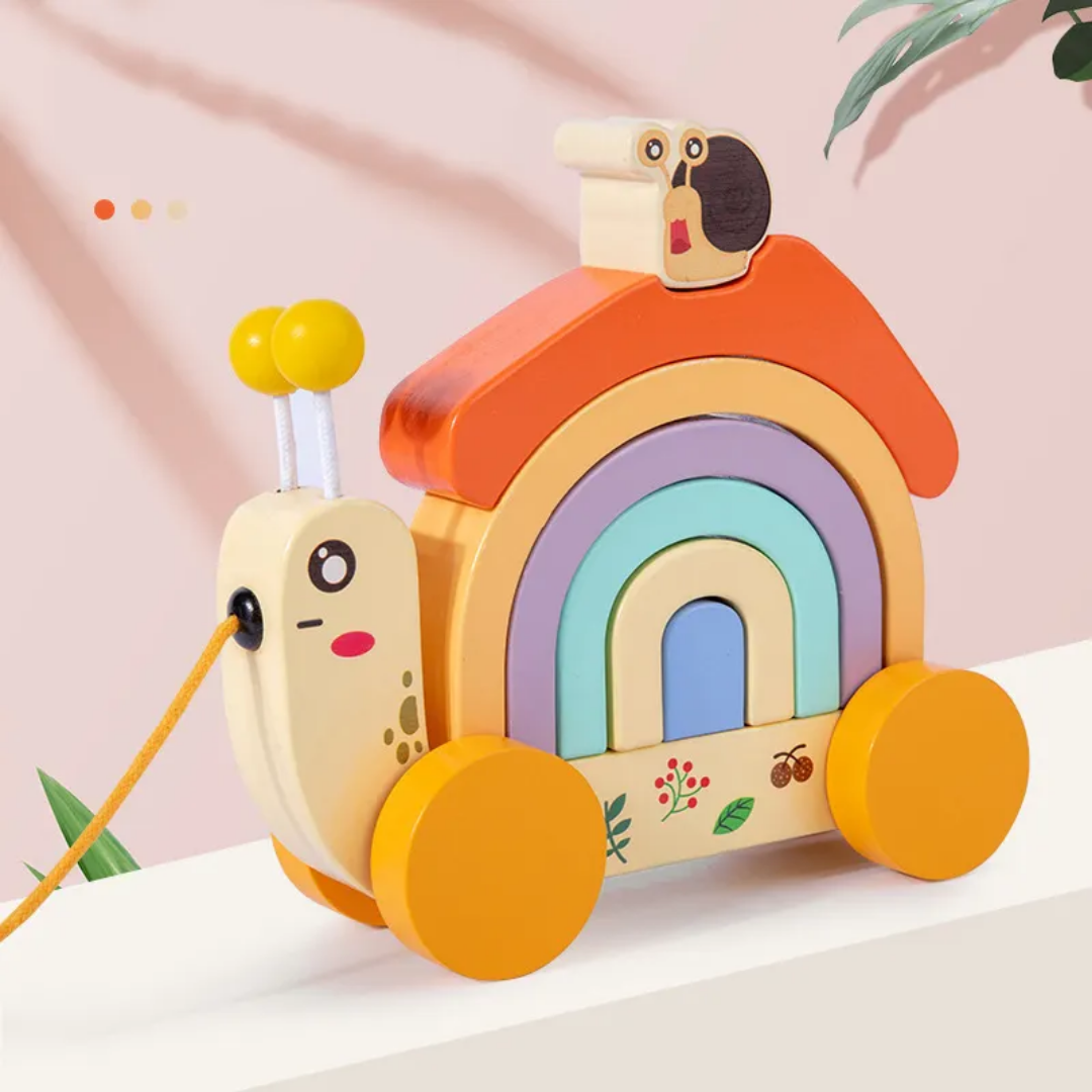 Wooden Snail Tractor Pull Toy with Rainbow Stackers – Montessori-Inspired Toy for Toddlers 4+ years
