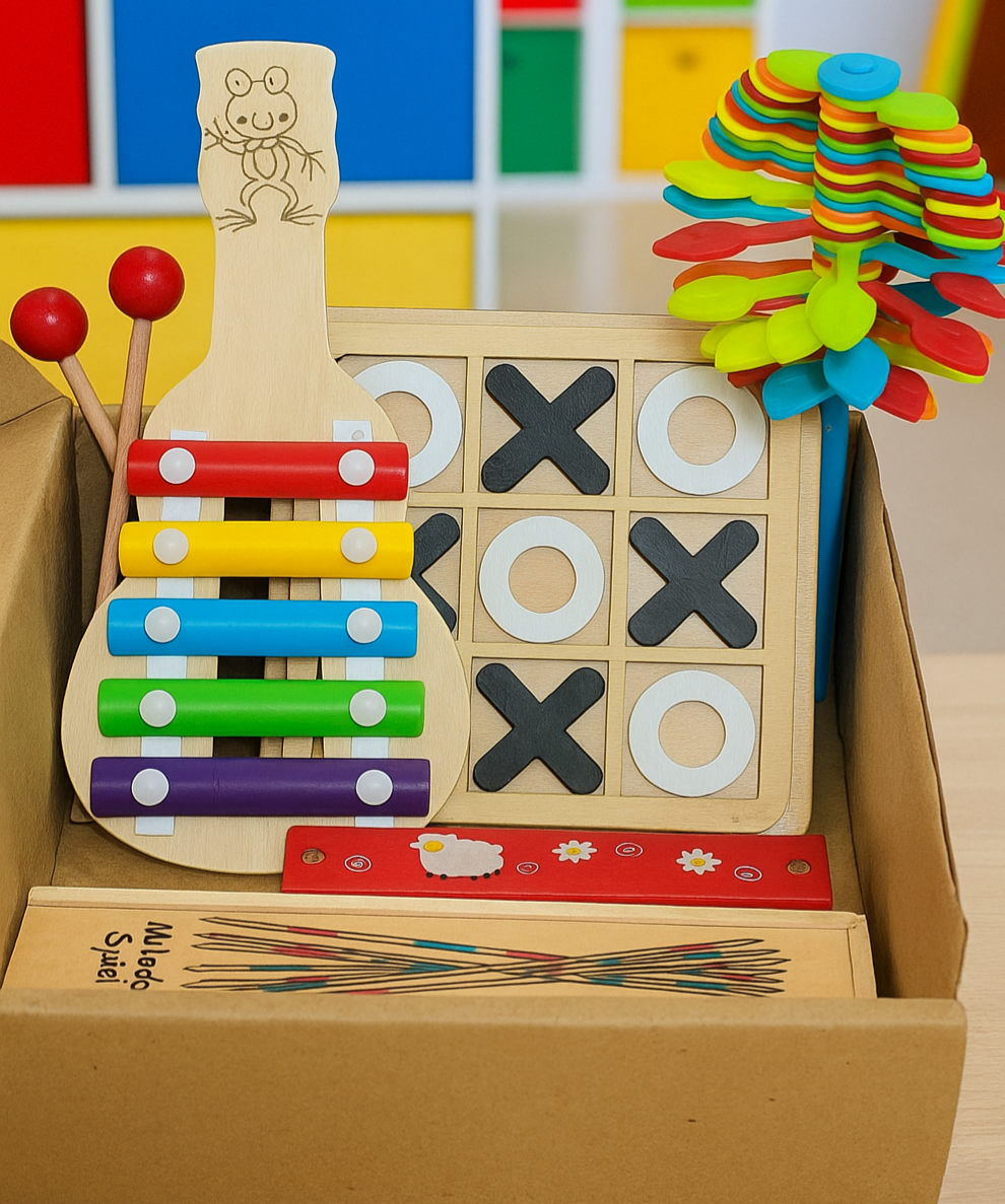 5 in 1 Wooden Educational Toy Combo Box for Kids – Xylophone, Tic Tac Toe, Mikado Sticks, Candy flower & Mouth organ
