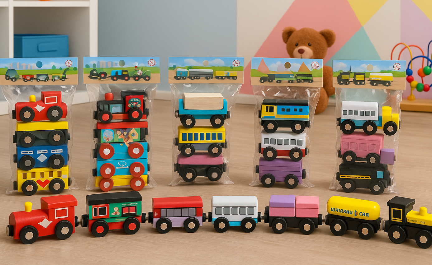 Wooden Magnetic Train Toy Set – Pack of 3 Coaches – Montessori Educational Toy for Kids (6 Unique Variants)