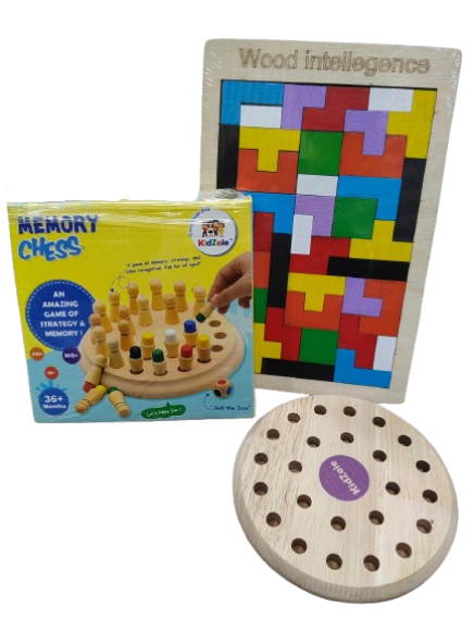 Kidzoie Wooden Intelligence Puzzle & Memory Chess Game Combo