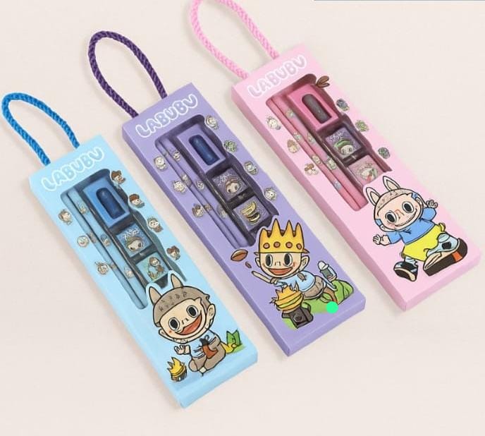 12 Sets – TRENDY Labubu Design Cartoon Stationery Gift Set &Pencil Box for Kids Mix Color Return Gift Box with 2 Pencil, 1 Eraser, 1 Sharpener & 1 Scale | Ideal for Birthday Party, Navratri Kanjak & Kanya Pujan Gifts